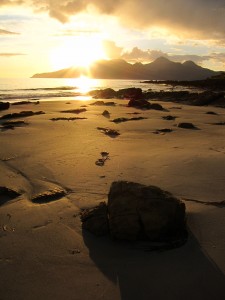 The Isle of Rum, as seen from the Singing Sands beach on Eigg
